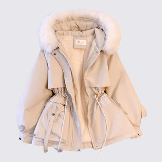Beige winter coat with fur-lined hood on a light gray background
