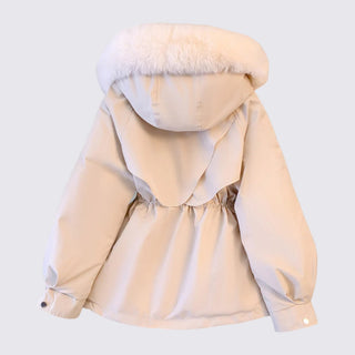 Beige winter jacket with fur-lined hood on a light gray background