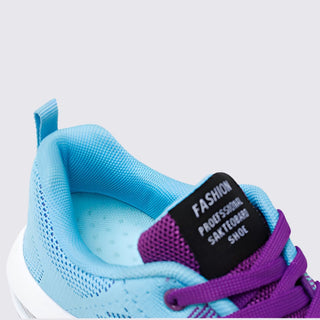 Blue and purple sneaker with a visible brand tag on a light gray background