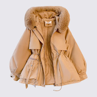 Beige winter coat with fur hood on a light gray background