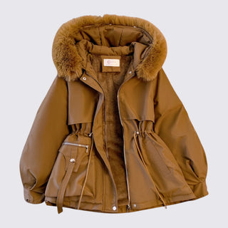 Brown winter jacket with fur hood on a white background