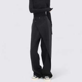 Black wide-leg pants worn by a person on a light gray background