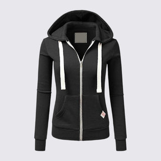 Black hoodie with white zipper on a light gray background
