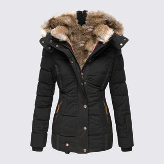 Black winter jacket with fur-lined hood on a light gray background