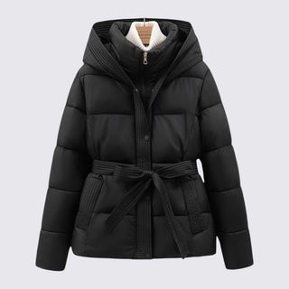 Black puffer jacket with a belt on a light gray background