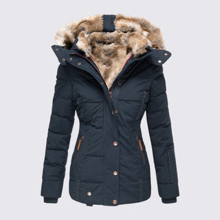 Black winter jacket with fur-lined hood on a light gray background
