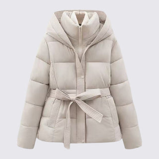 Beige puffer jacket with a belt on a light gray background