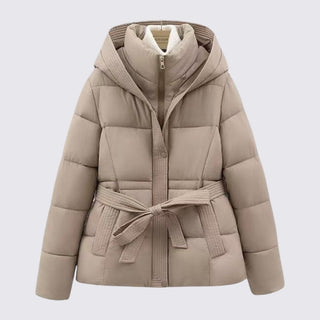 Beige puffer jacket with a belt on a light gray background