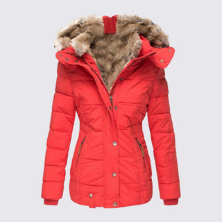 Red puffer jacket with fur-lined hood on a light gray background