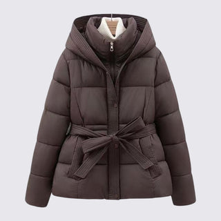 Brown puffer jacket with a belt on a light gray background