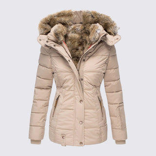 Beige winter jacket with fur-lined hood on a light gray background
