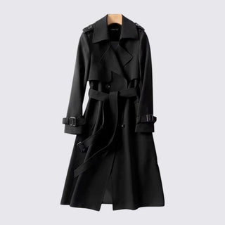 Black trench coat on a mannequin against a light gray background